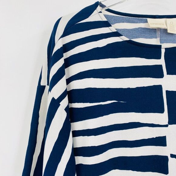 Chico's Size 0 Small Navy & White Striped Fringed Boxy Short Sleeve Blouse Top - Picture 4 of 9